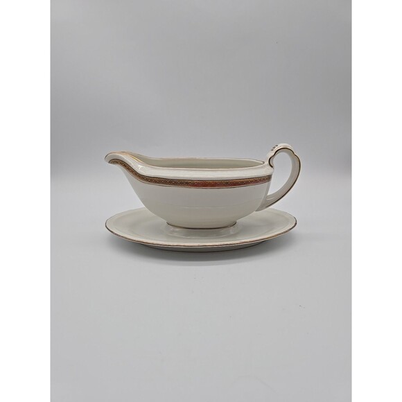 Rorstrand Sweden Porcelain Gravy Boat w/plate Fine China White & Gold Trim #622 - Picture 1 of 10